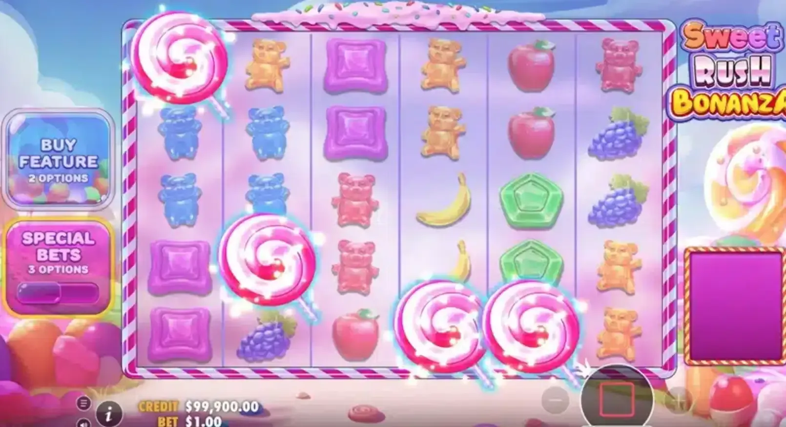 Sweet Rush Bonanza tumble em ação — símbolos explodindo e novos caindo no grid 6×5