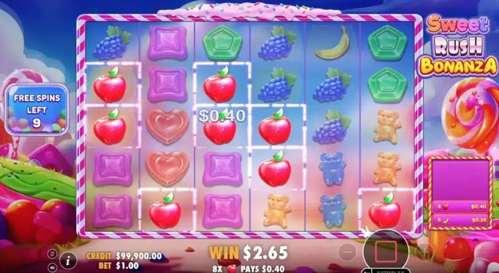 Sweet Rush Bonanza multiplicadores sticky até 128x — posições marcadas na grid com valores crescentes