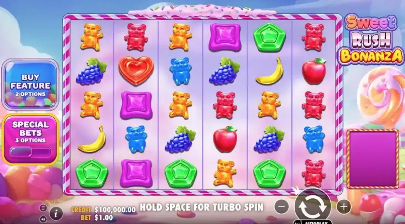 Sweet Rush Bonanza gameplay — slot da Pragmatic Play com grid 6×5 e tumble mechanics